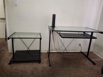 Glass Top Computer Desk with Side Table for Printer