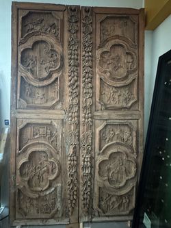 Antique Hand-Carved Wooden Double Door Panel 77”x128”tall-4”thick