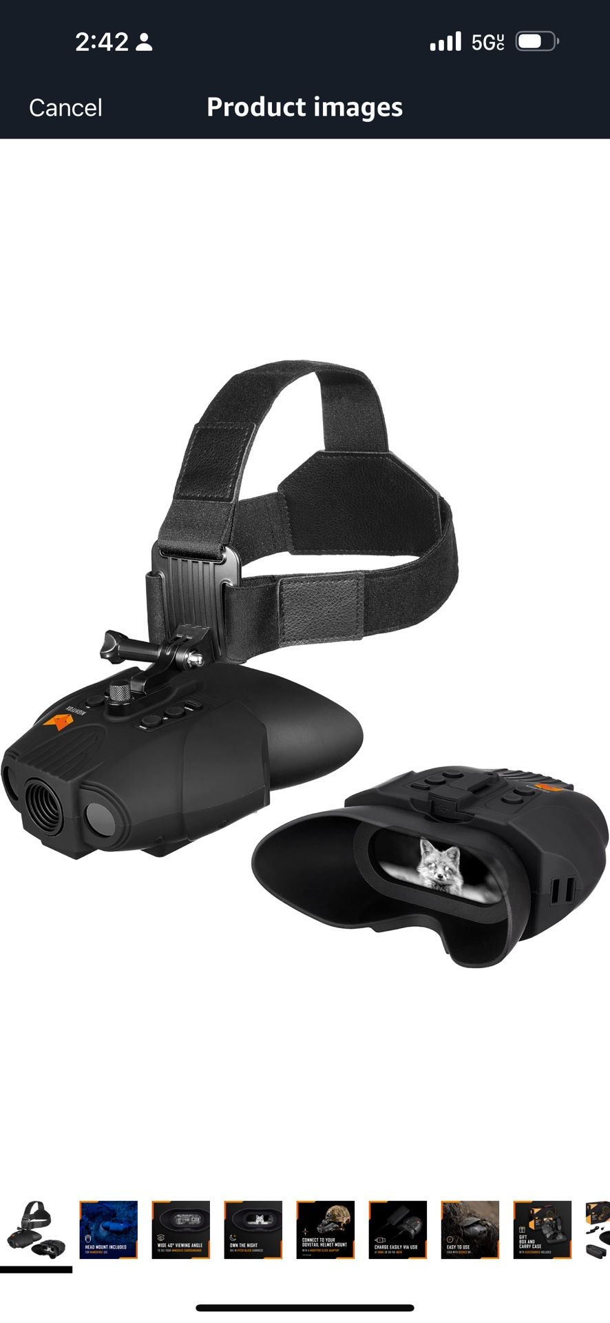 Nightfox Swift USB Rechargeable Night Vision Goggles - Head Mounted, Wide Viewing, 1x Magnification, Close Quarters Tactical Infrared Binoculars for A