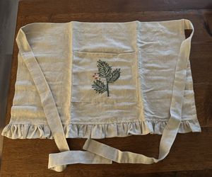 Half Apron with Hand-Embroidered Holly, Pocket & Ruffle