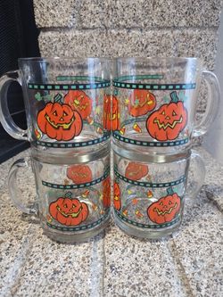 Libbey Halloween Mugs Pumpkin Jack O Lantern Candy Corn Mugs Set
