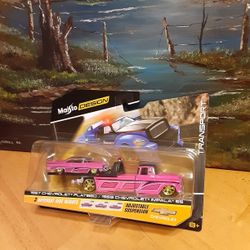 Maisto Design Elite Transport Pink 1957 Chevrolet Flatbed/1959 Chevy Impala Diecast toy set 1:64 scale $20