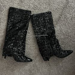 Black Sequin Foldover Tall Boots