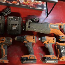 RIDGID Tools Impact Screwdriver 2 And Impact Drill And Brushless  Reciprocating Saw.and Mini Bluetooth Radio with Radio And Battery 3 And Charger 2