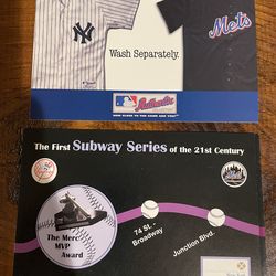 Two Mets vs Yankees postcards