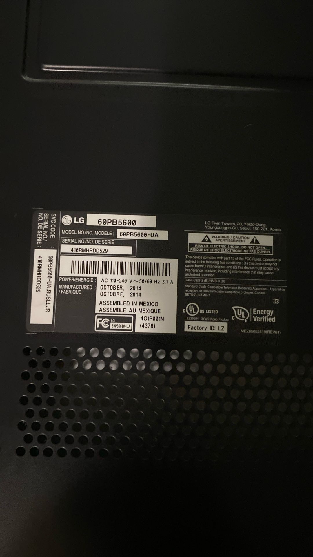 60 Inch LG 1080 Plasma TV