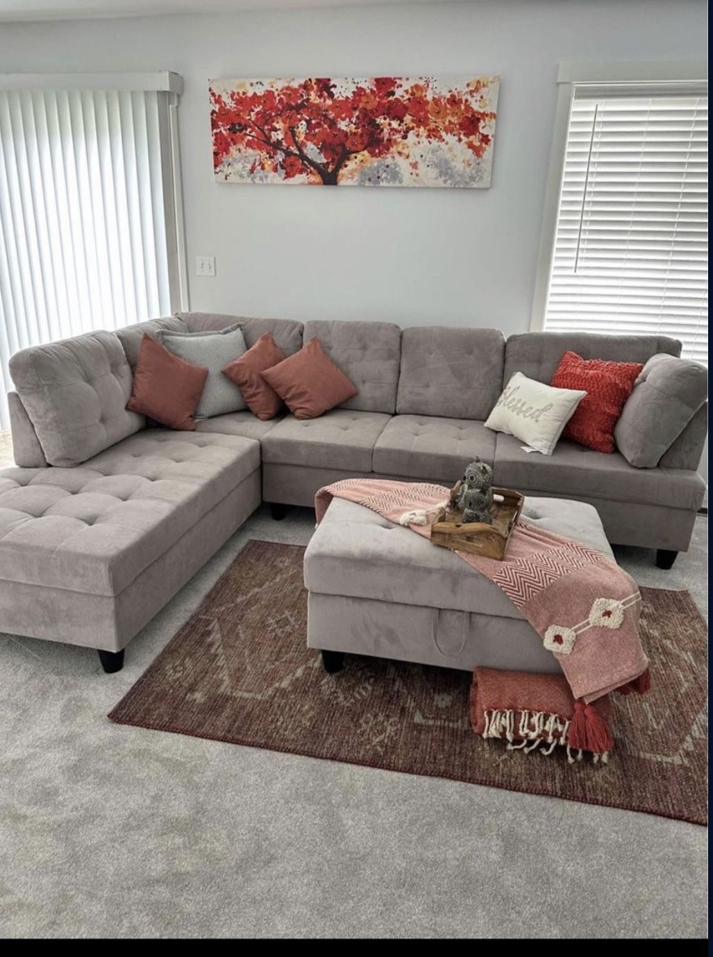 COSTCO Grey Chenille Sectional Couch And Ottoman
