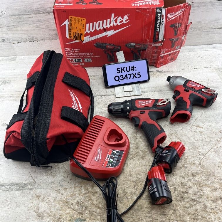 USED Milwaukee M12 12V Drill & Impact Driver Kit Two 1.5Ah Batteries Charger & Bag