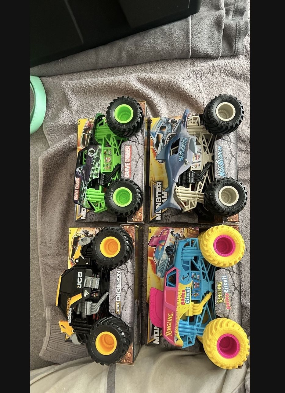 MONSTER JAM …… Digatron, Megalodon, Grave Digger, and Bailey Circuit Series 25, …SET OF (4) TRUCKS