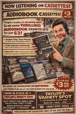 Click. Whirr. That soft tape hiss before the voice kicks in.

📼 NOW LISTENING AT TAYLOR’S VARIETY SPOT 📼

We just stocked up on audiobook cassette s