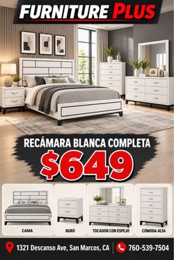 ✨ ¡Renueva tu recámara por $649! ✨ Elige tu color favorito: gris o blanco. El juego incluye cama, buró, tocador y espejo. La cajonera alta (chest) s