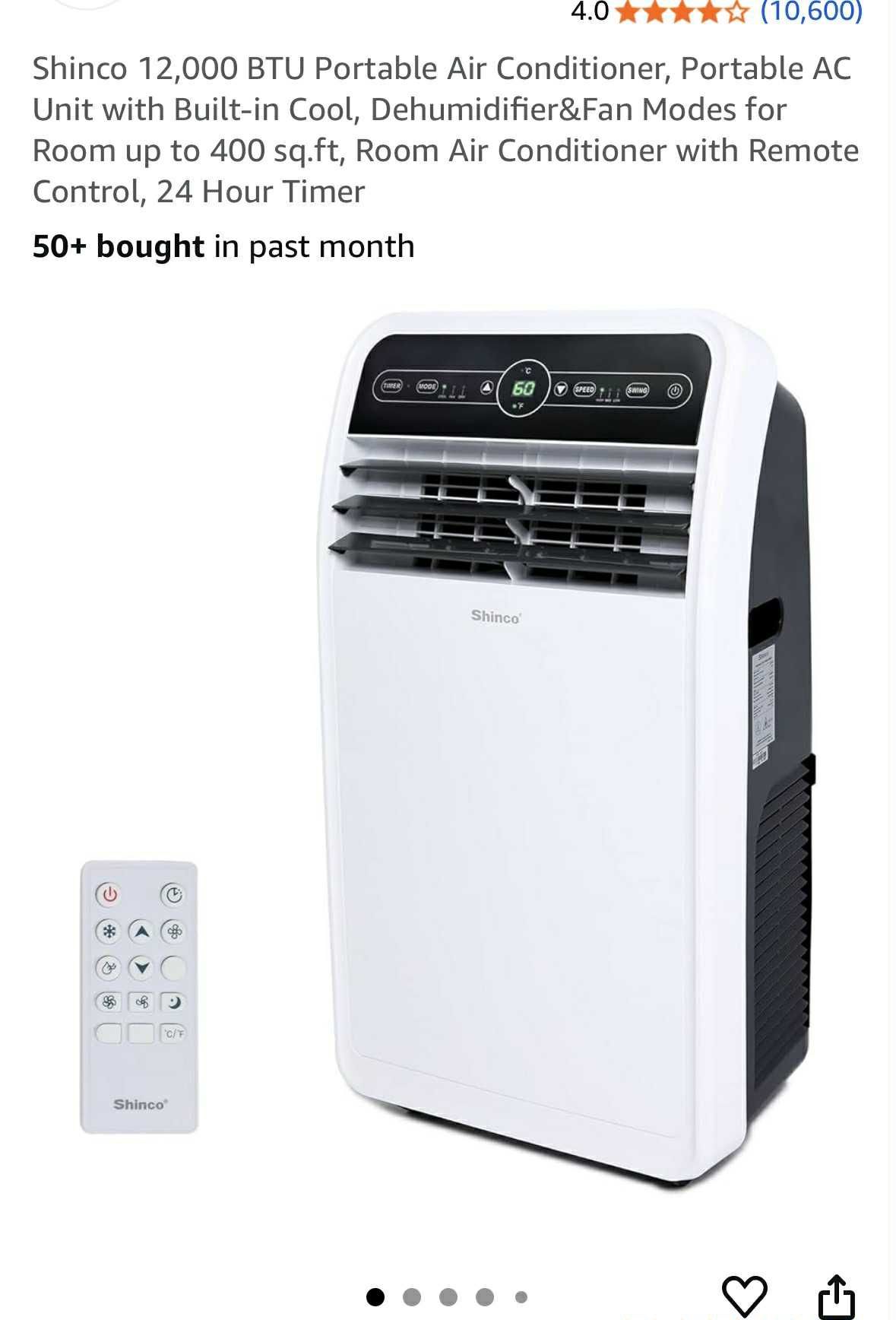 SHINCO 12,000 BTU’s Portable Air Conditioner W/Dehumidifier Timer Cools Up To 400’ New In Box 