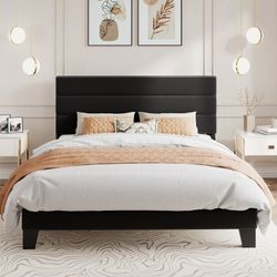 Queen Size Bed Frame, Platform Bed Frame with Velvet Upholstered Headboard, Black