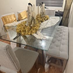 Glass Dining Table With Bench & Chairs 