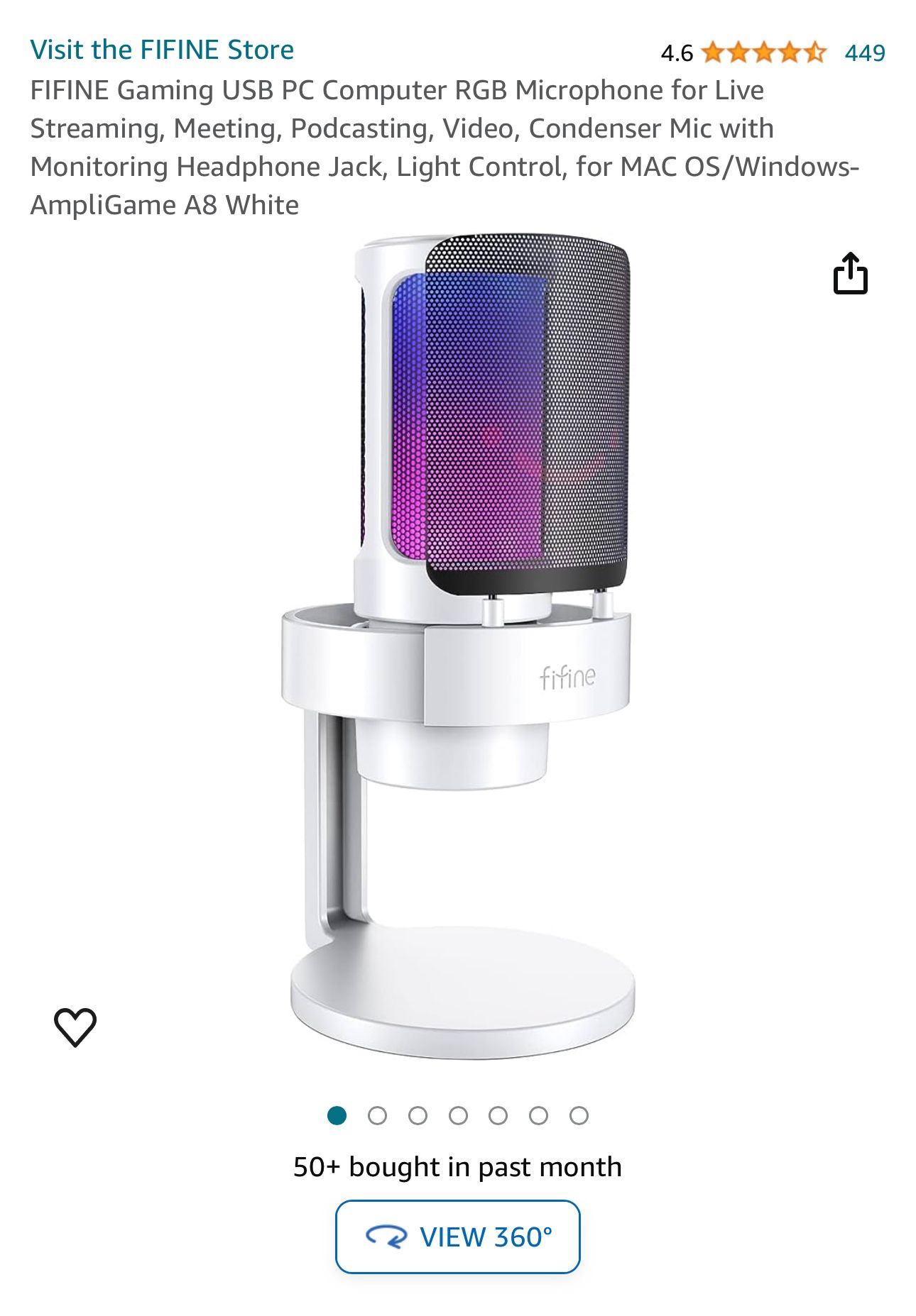 Fifine Ampligame A8 USB PC Microphone - White