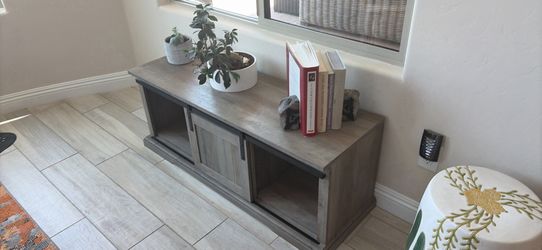 Farmhouse sliding bar door tv stand grey