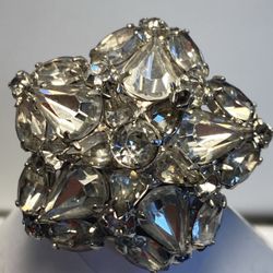 Vintage White Rhinestones Silver Tone Flower Brooch Pin
