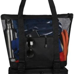 2 In 1 MESH BEACH TOTE BAG With Detachable Insulated Cooler Bag, Black