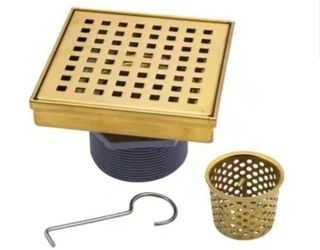 Designline 4 in. x 4 in. Stainless Steel Square Shower Drain with Square Pattern Drain Cover in Brushed Gold