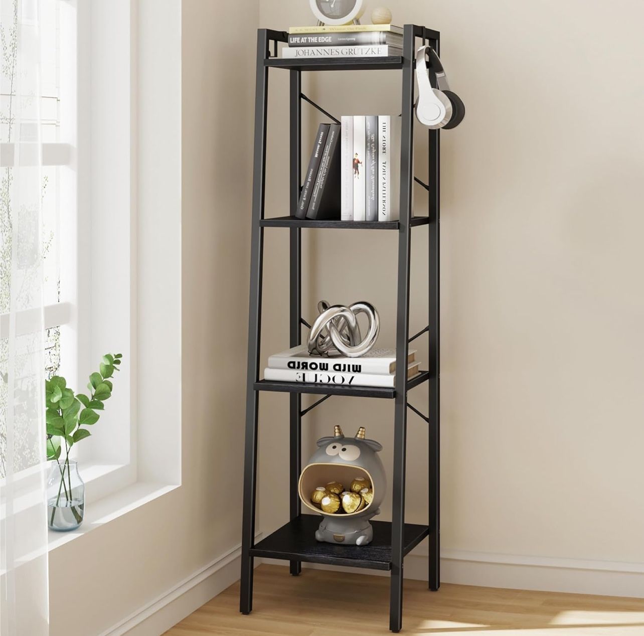 47" Ladder Shelf Bookshelf Bookcase Freestanding Corner Storage Shelve Black Home Office Organizer