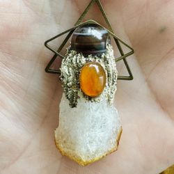 HANDMADE Crystal Necklace Pendant for Grounding, Citrine, Clear Quartz, Black Tourmaline, Ethically Sourced, Raw Stone, Lightwork, Yoga, Reiki
