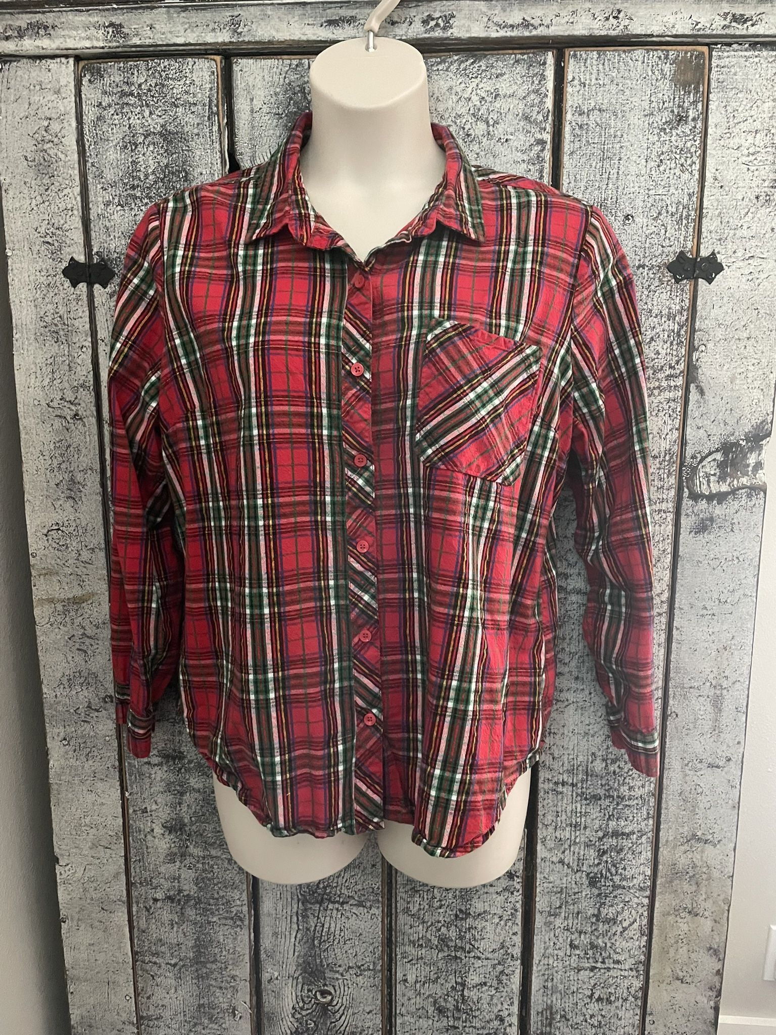 Time And Tru Red & Green Plaid Button Down Long Sleeve Shirt Size XXL (20)