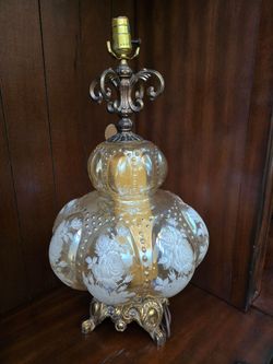Vintage Glass Table Lamp with Ornate Metal Base
