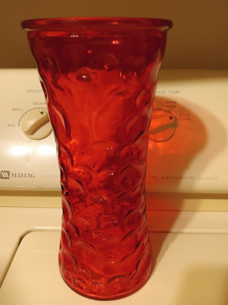 Vintage Ruby Red Thumbprint Flower Vase 1970s. 10 In Tall 4 In Wide