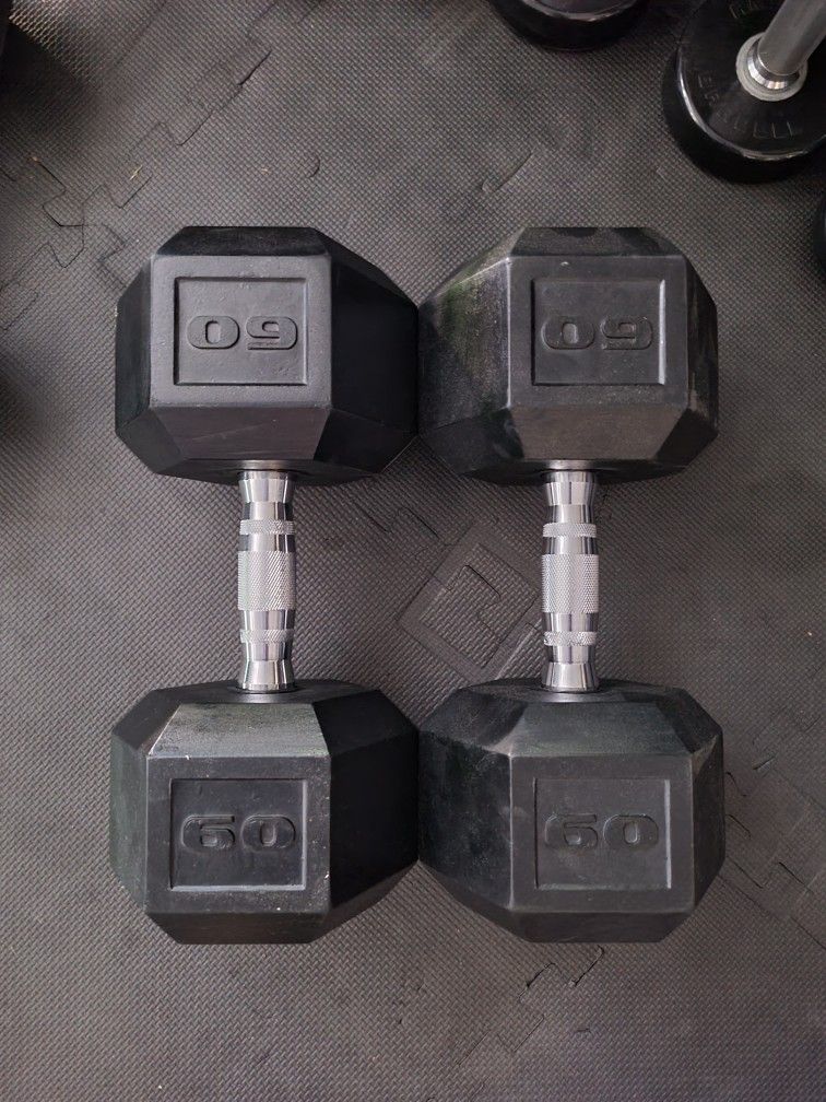 New Rubber Coated Hex Dumbbells (2x60Lbs) for $120 Firm (WALNUT 91789)