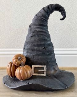 Halloween Extra Large Tattered Resin Witch Hat Decor with Mini Pumpkins