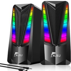 NJSJ Computer Speakers, 2.0 USB-Powered Speaker for Desktop,10W Wired PC Speakers with 7 Dynamic RGB Modes, Volume Control, 3.5mm Aux-in Stereo Multim