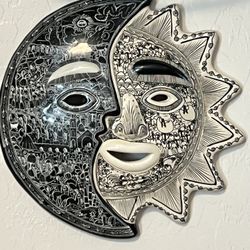 Hand-painted Mexican folk art sun & moon wall plaque signed José Asencio, Ixtapa Zihuatanejo