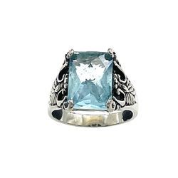 Classic Solitaire Unisex Ring - Art Deco Style Stainless Steel Ring - Simulated Blue Topaz Trendy Jewelry Accessory 