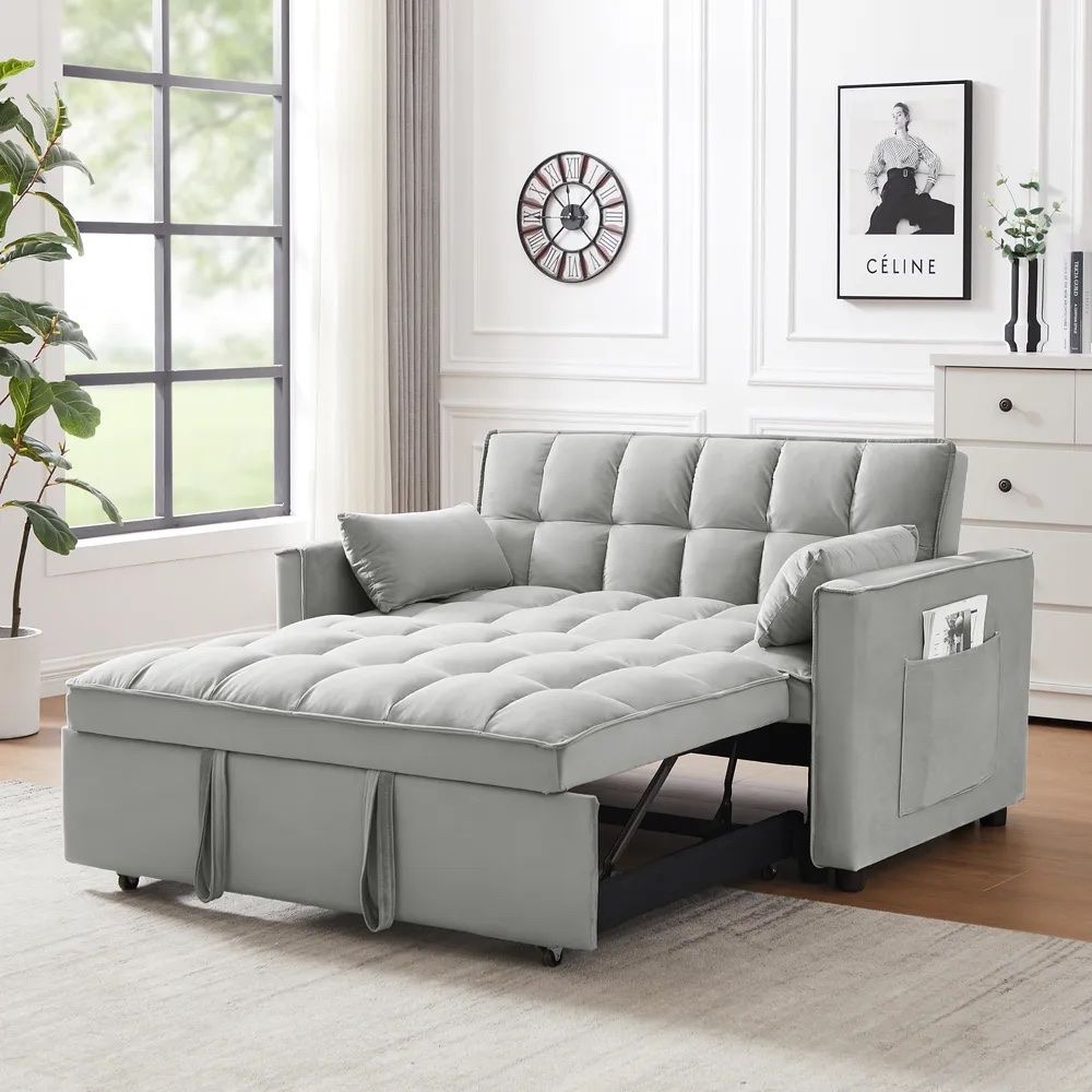 3 in 1 Convertible 55 in. Grey Twin Size Velvet Futon Sofa Bed with Reclining Backrest and Toss Pillows
