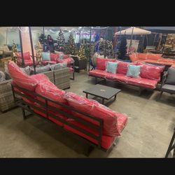3 Piece 6 Seat Aluminum Frame Patio Conversation Set With Red Cushions 