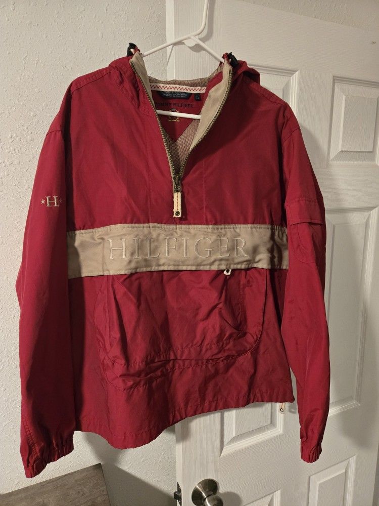 Vintage 90s Tommy Hilfiger Kangaroo Pocket Weather Pull Over Hooded Jacket (Large)