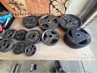 Weights, Olympic bars, squat rack and bench