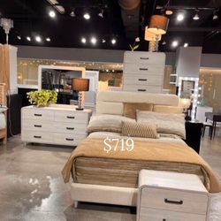 Modern 4-Pc Bedroom Set: Queen Size Bed, Dresser, Mirror & Nightstand ( Mattress Not Included)