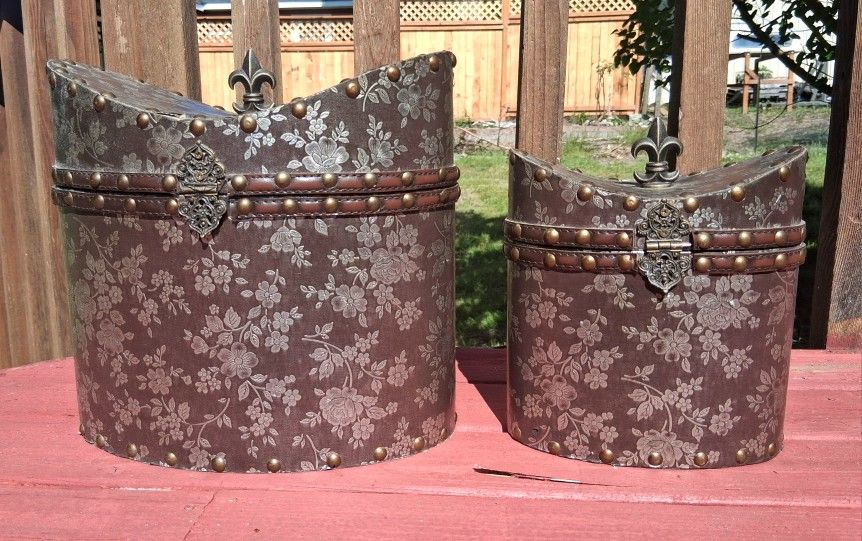 2 Beautiful Matching Vintage Boxes Silver Flowers Floral Print Red Material Nic Nac Storage