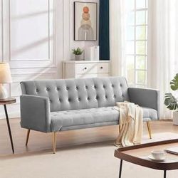 New Grey Mid Century Futon. Velvet Sofa Bed with Armrests, Gold Metal Legs, Adjustable Back