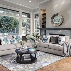 Brand New Gray/Silver/Blue Sofa and Loveseat Set- Made In USA 🇺🇸 