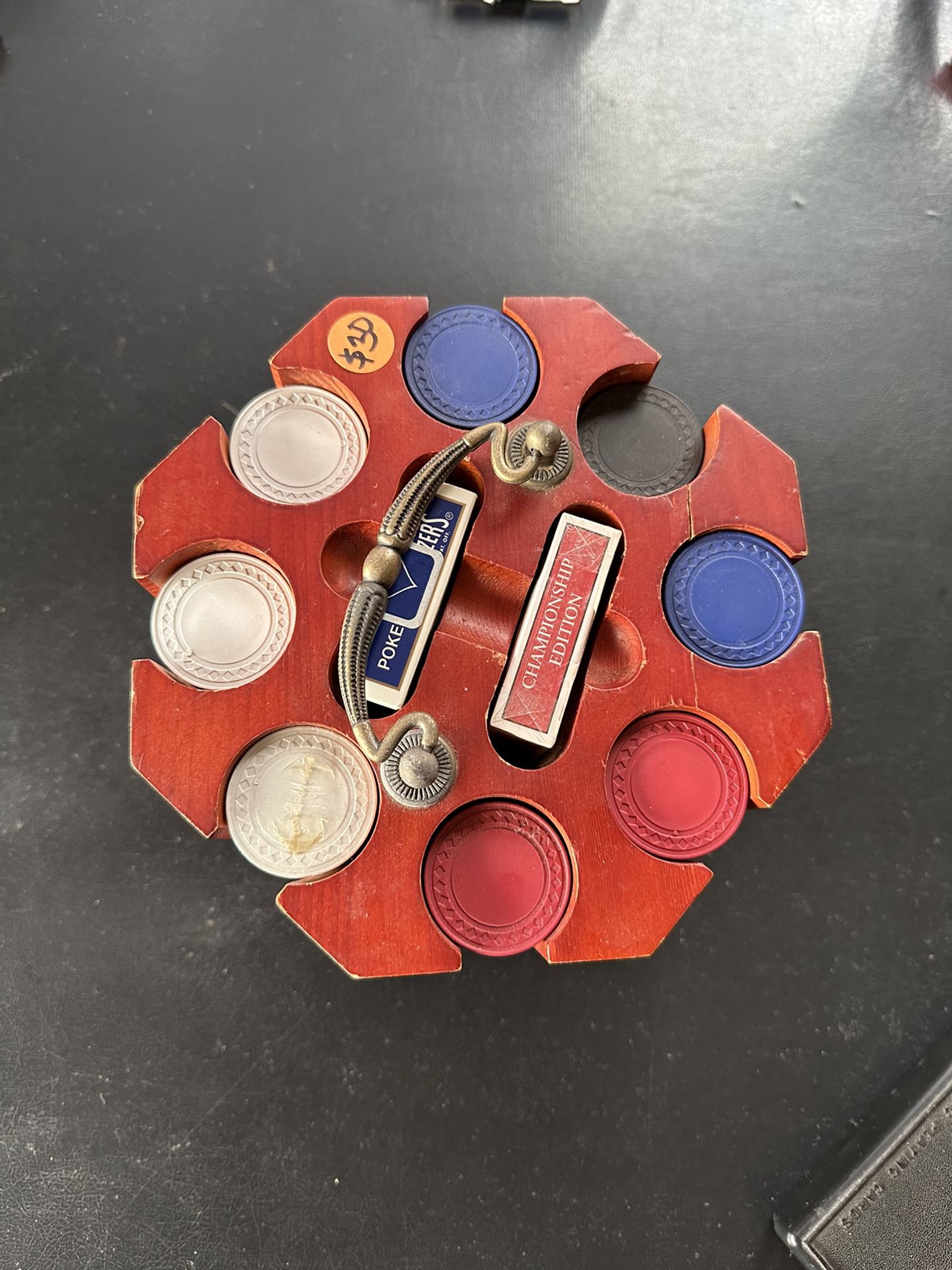 Vintage wood poker caddy with handle and Wood Poker chips. As seen in the picture, it is the poker caddy and everything inside of it 