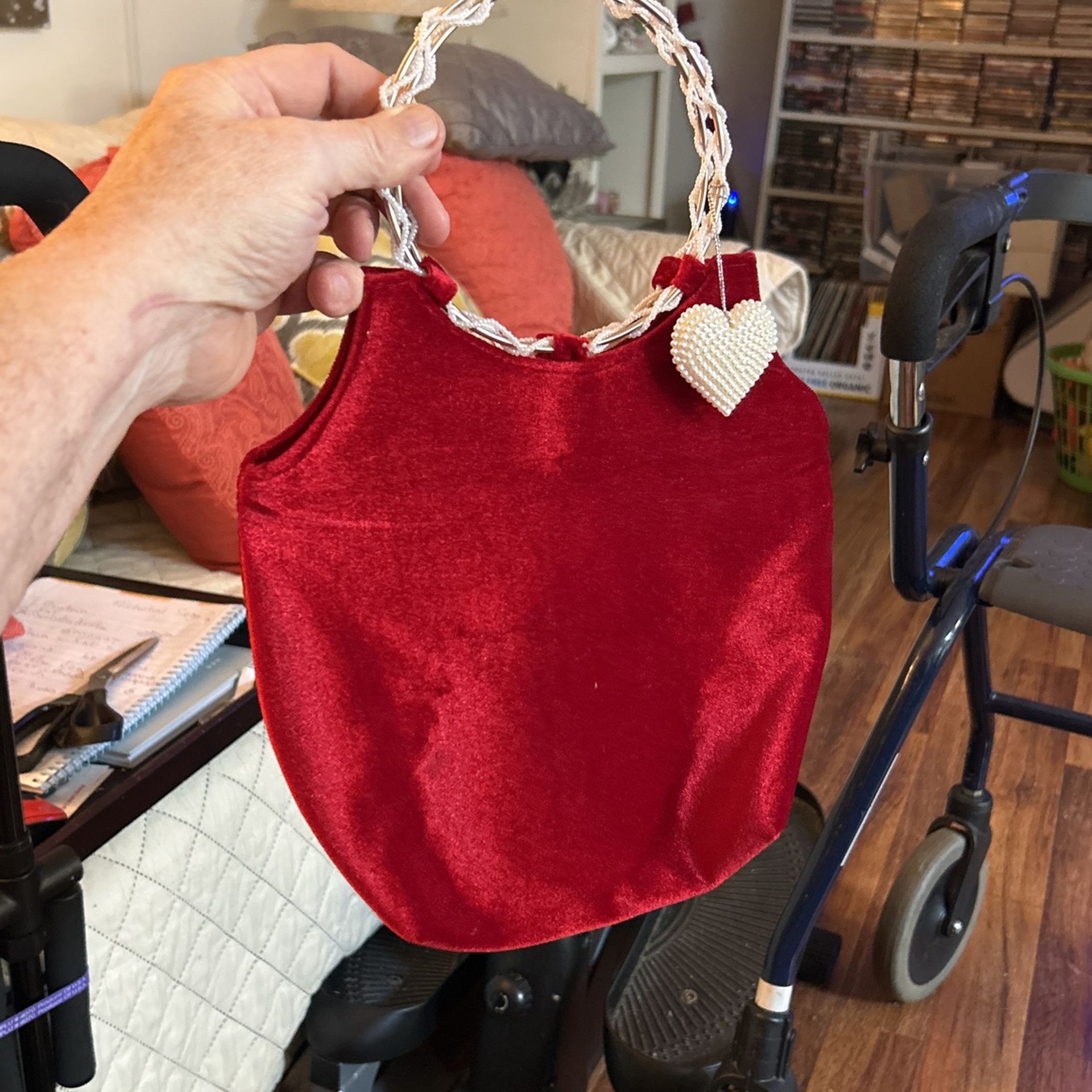 Victoria Secret Red Velvet Satchel Bag Purse Gift Bag Pearl Heart Charm Party
