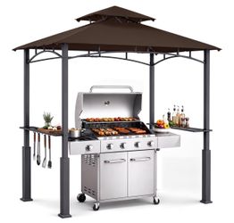 8x5 Grill Gazebo BBQ Shelter with 2 LED Lights, Brown