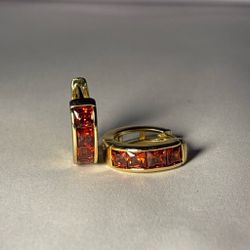 Gold & Red Stone Huggie Earrings