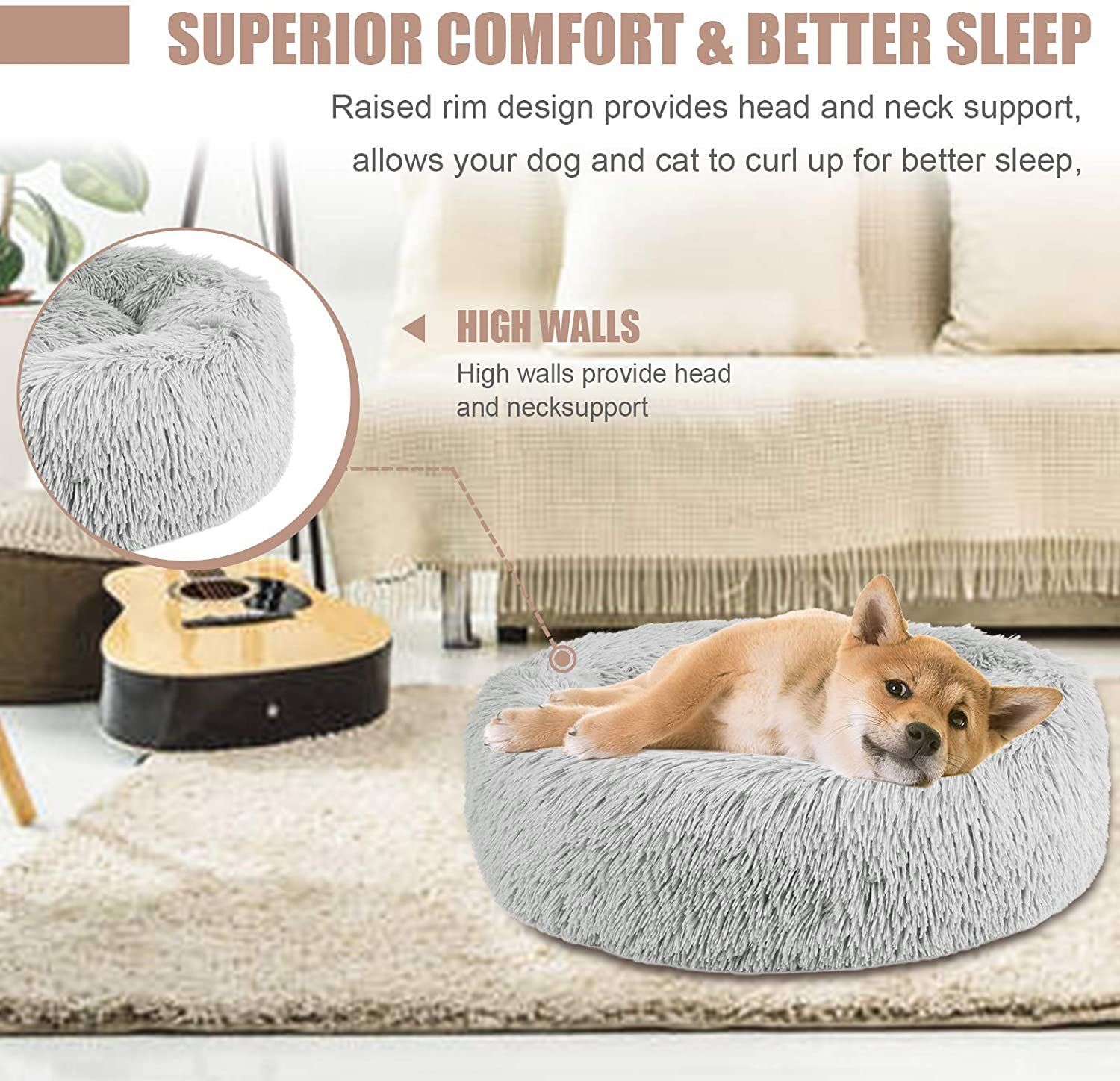 NEW 30” Calming Donut Pet Bed (Light Grey)