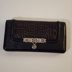 Vtg. Restored Brighton Black Croc Embossed Leather Tri-fold Crossbody Wallet - Coin, C Card, Phone