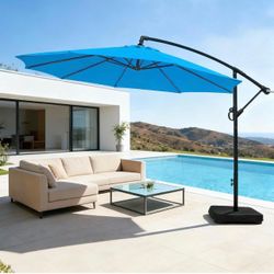 10ft Patio Umbrella with Base Included, Outdoor Offset Cantilever Umbrella with Sandbag Base for Backyard, Garden and Pool, Easy to Tilt and Crank, Ro