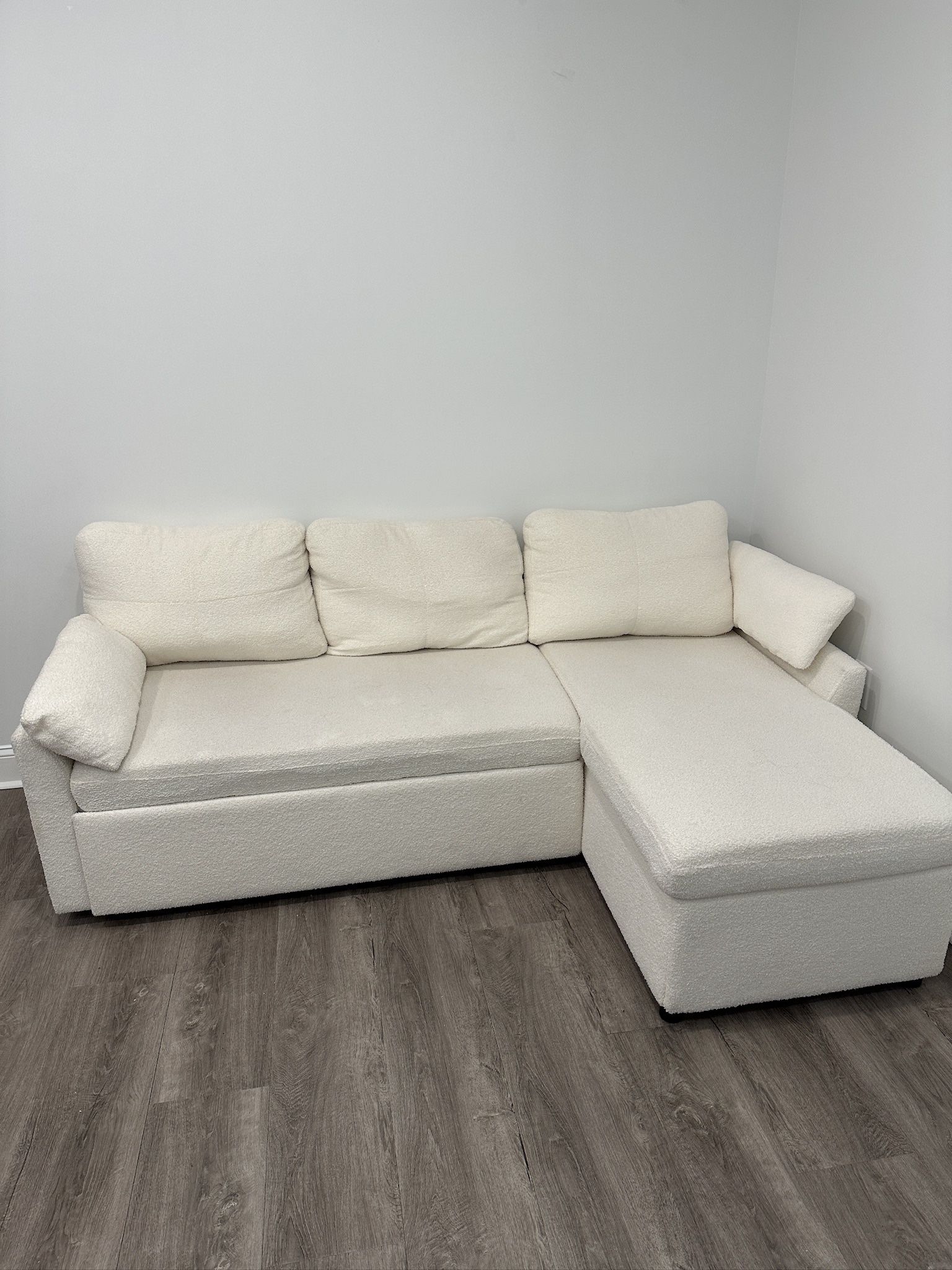 PICKUP TODAY- 2 In 1 Pull Out Couch Bed (full Size) With Storage Chaise, White Sherpa 84in x 59in x 39in