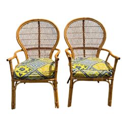 Set of 2 1980s Vintage Bamboo Rattan Side Chairs With Custom Upholstered Seats